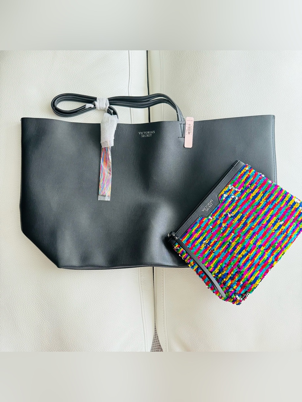 Victoria's Secret Black Tote with Multicolor Sequin Pouch New with tags